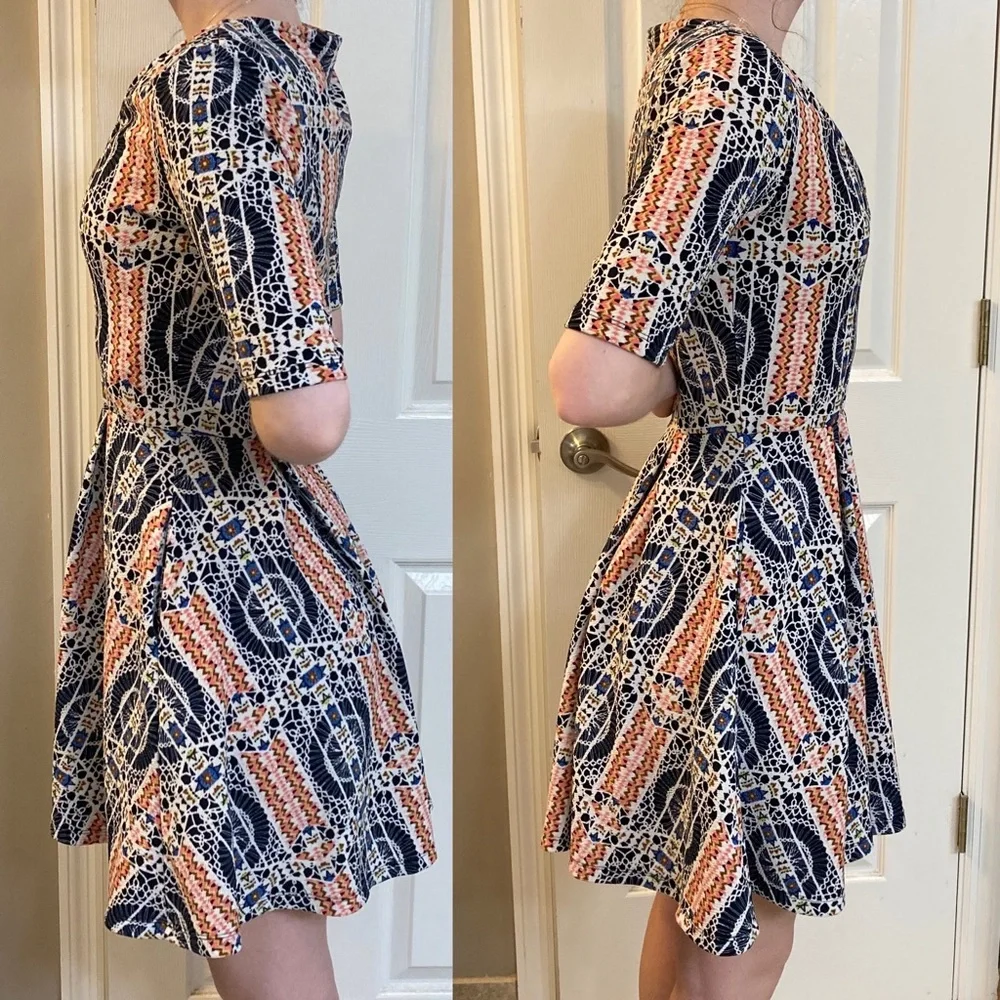 Mimi Chica Skater skirt dress shirt sleeves v-neck pattern Southwestern POCKETS
